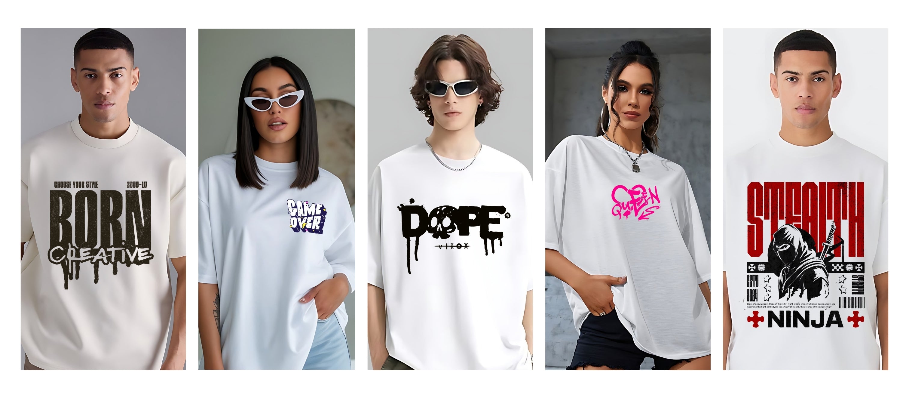 Five people wearing different t-shirts with various designs and text.