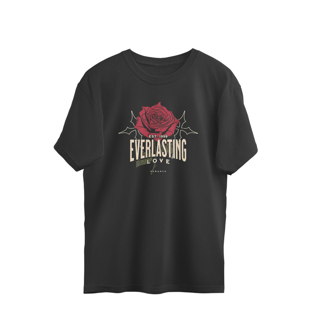 Black t-shirt with a red rose and 'Everlasting Love' text on a white background