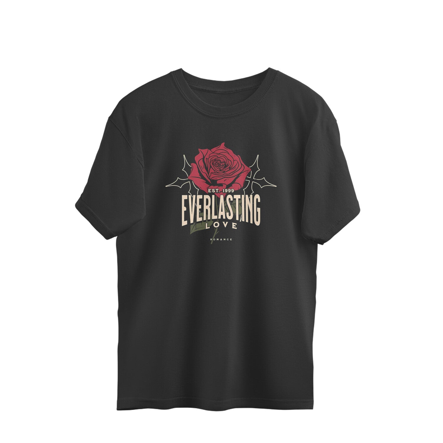 Black t-shirt with a red rose and 'Everlasting Love' text on a white background
