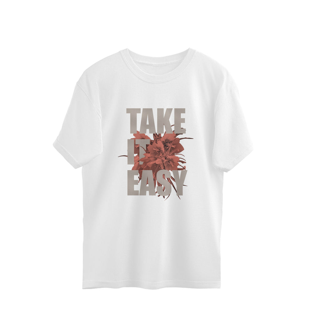 White t-shirt with 'Take It Easy' text and floral design on a white background