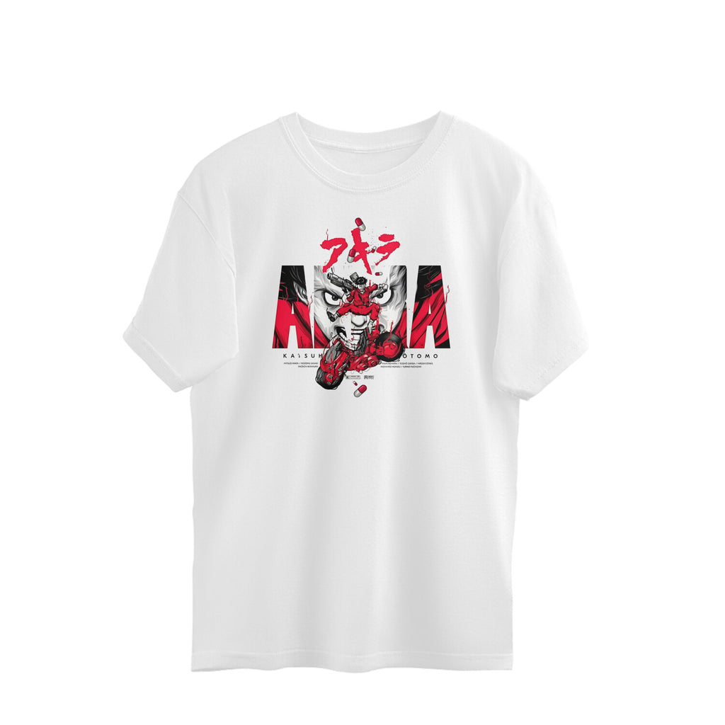 White t-shirt with graphic design featuring a character and text on a white background