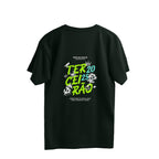 Black t-shirt with colorful text and graphics on a white background