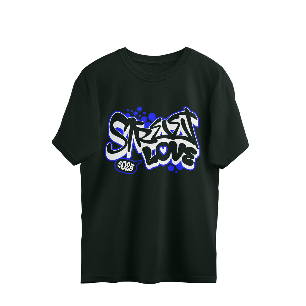Black t-shirt with 'Street Love' graphic design on a white background