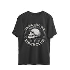 Black t-shirt with a skull graphic and text on a white background