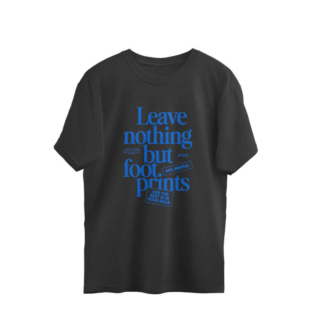 Black t-shirt with blue text on a white background