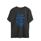 Black t-shirt with blue text on a white background