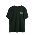 Black t-shirt with green and yellow text on a white background
