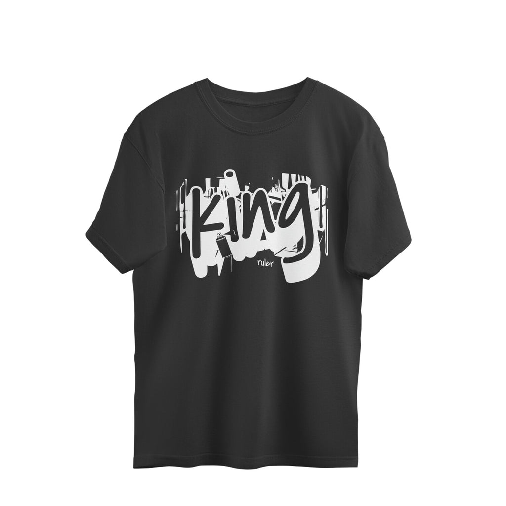 Black t-shirt with white graphic design on a white background