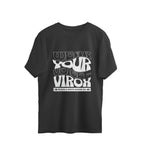 Black t-shirt with white text design on a white background