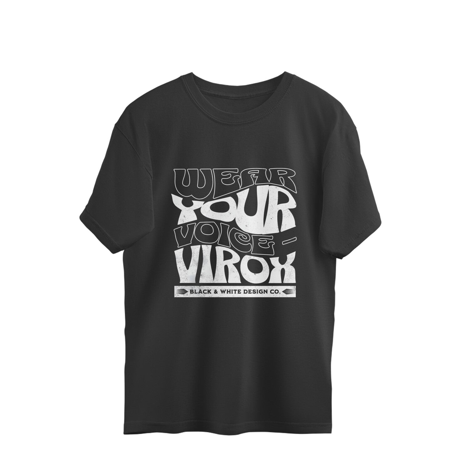 Black t-shirt with white text design on a white background