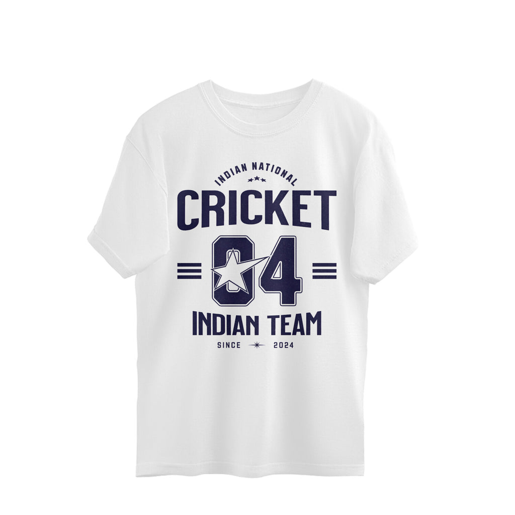 White t-shirt with 'Indian National Cricket Team 04' text on a white background