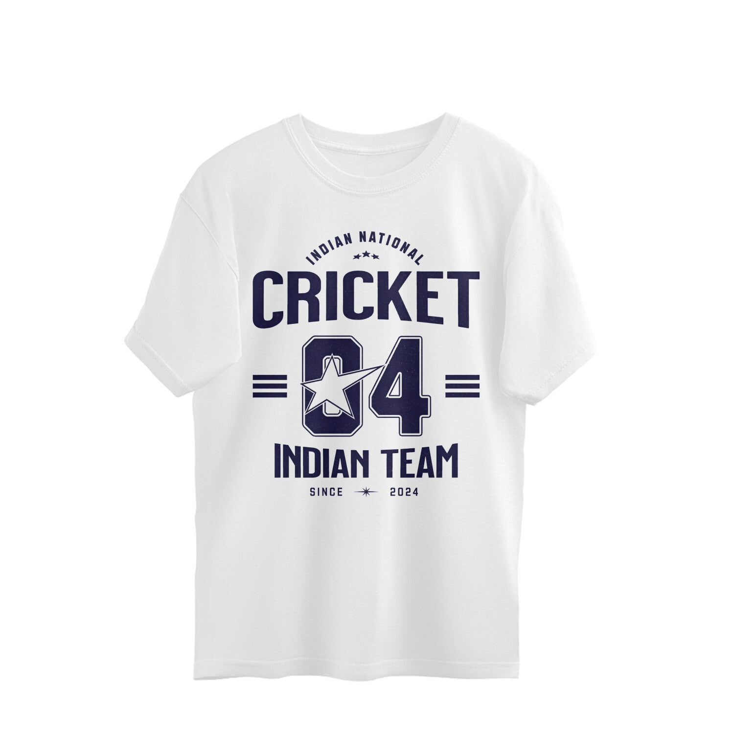 White t-shirt with 'Indian National Cricket Team 04' text on a white background