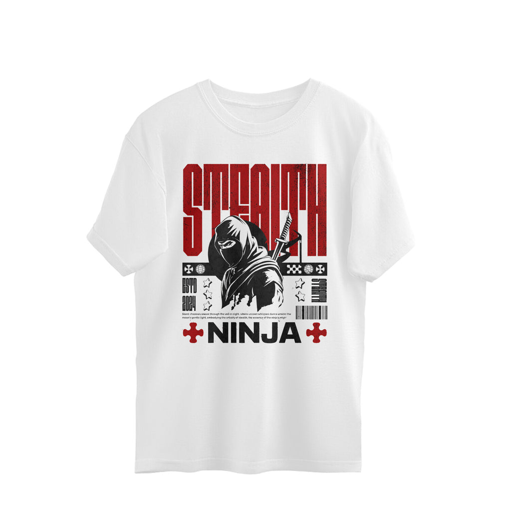 White t-shirt with 'Stealth Ninja' graphic design on a white background