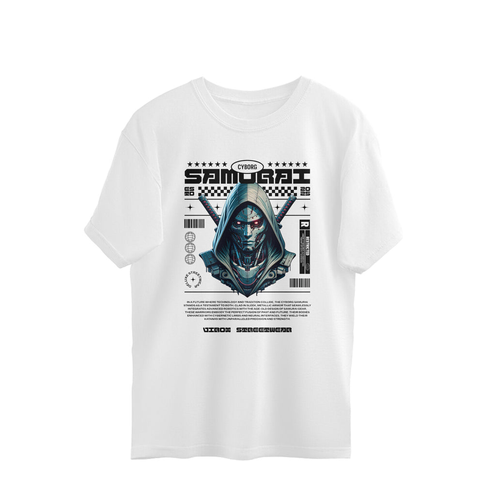 White t-shirt with a graphic design featuring a hooded figure and text on a white background