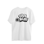 White t-shirt with black graphic design on a white background