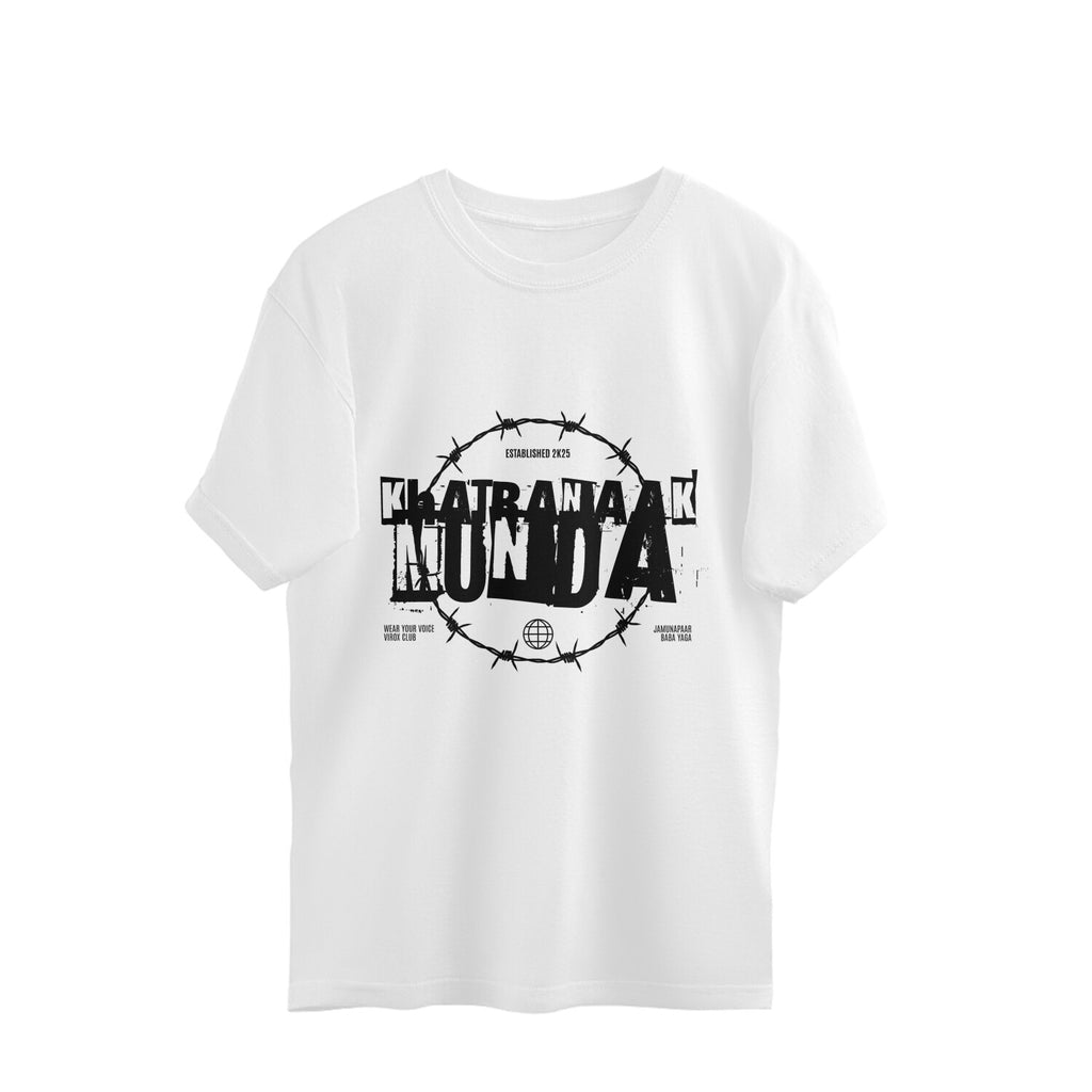 White t-shirt with black graphic design on a white background