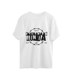 White t-shirt with black graphic design on a white background