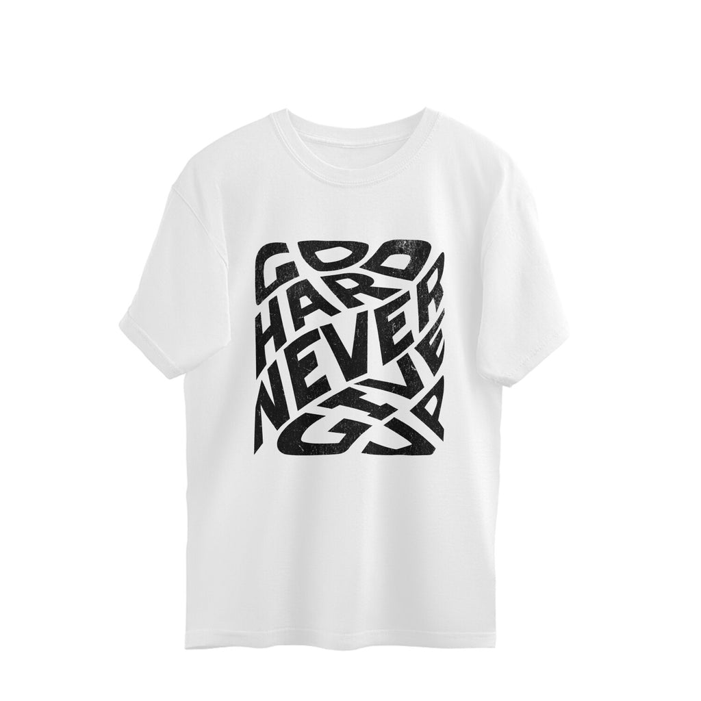 White t-shirt with black text design on a white background