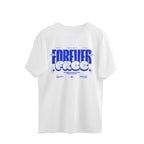 White t-shirt with blue text 'Forever free' on a white background