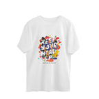 White t-shirt with colorful graphic design on a white background