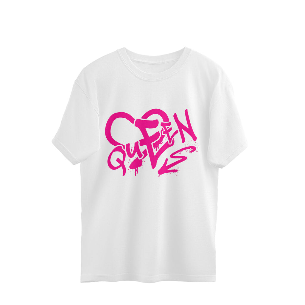 White t-shirt with pink 'Queen' text design on a white background