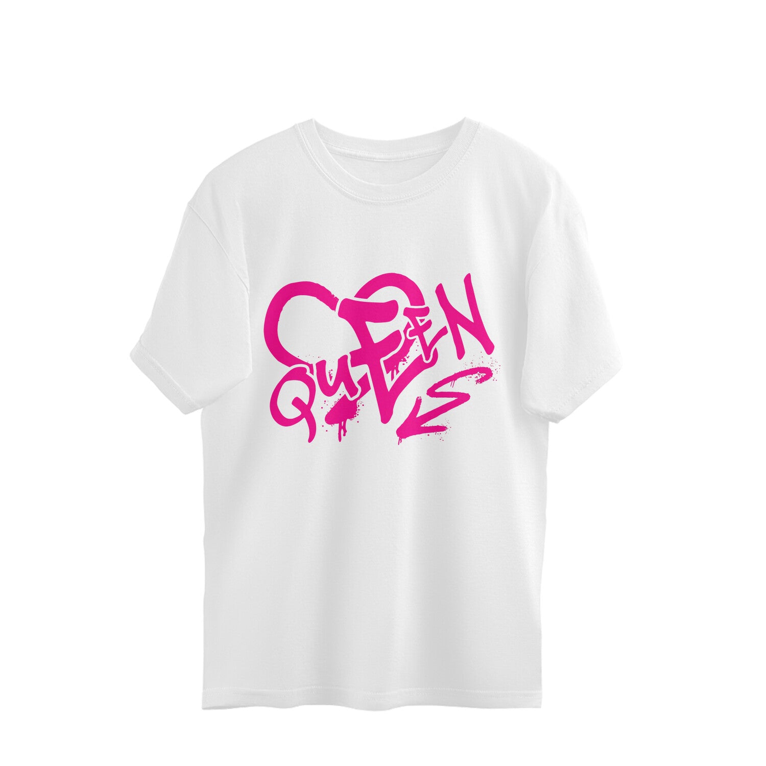 White t-shirt with pink 'Queen' text design on a white background