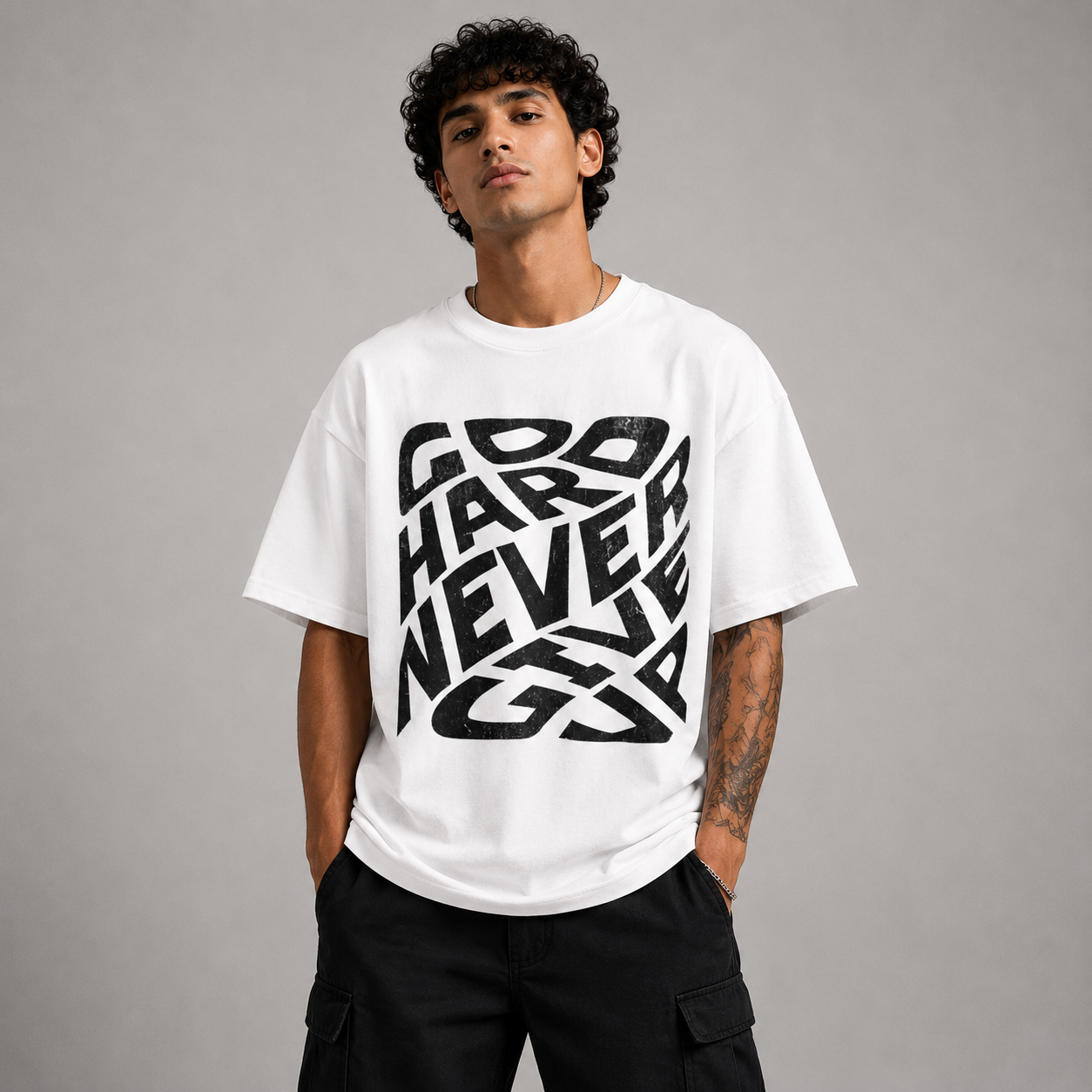 Go Hard Never Give Up Oversized T-Shirt – Motivational Streetwear by Virox Wear