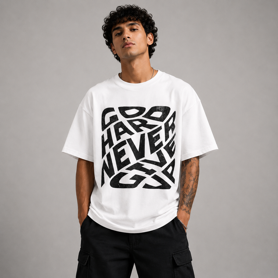 Go Hard Never Give Up Oversized T-Shirt – Motivational Streetwear by Virox Wear