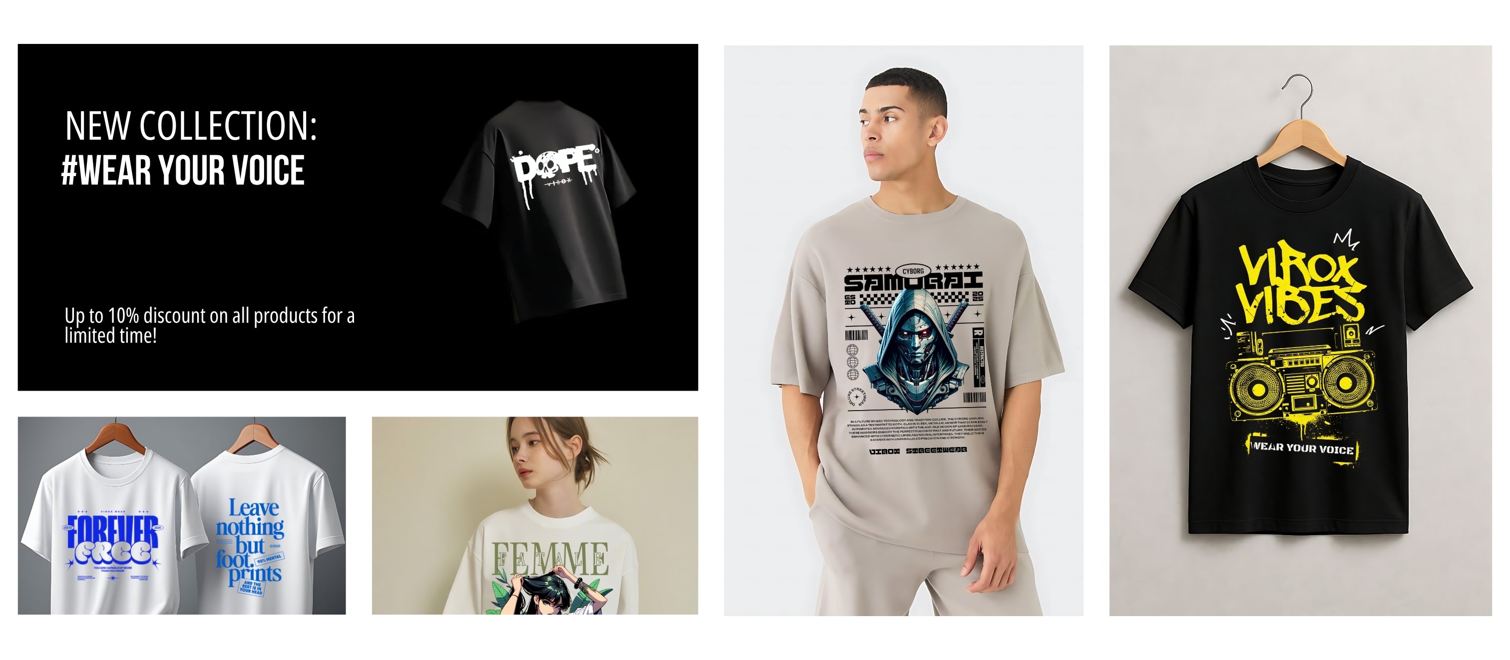 Collection of t-shirts with various designs and text, featuring promotional elements.